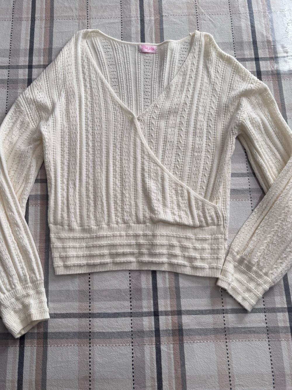 Pink Lily Cream Wrap-Style V-Neck Knit Sweater